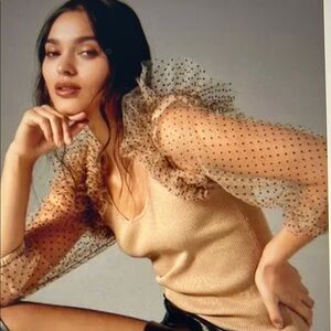 NWT Dolan Left Coast Anthropologie Sheer Sleeve Tulle Polka Dot Top Size Large
